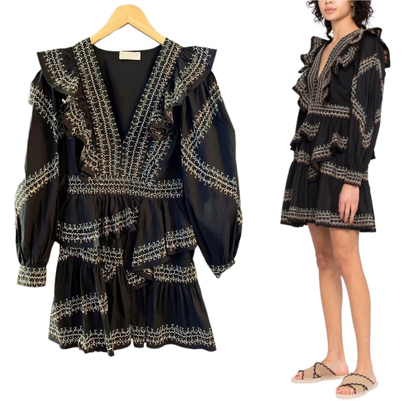 ULLA JOHNSON Anais Mini Dress Ruffle Embroidered V-Neck Black Noir Cotton 2 NWT - Picture 15 of 15